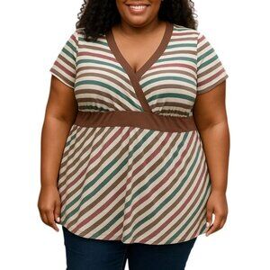 One Clothing Plus Size 3X Top Striped Short Sleeve Tunic Brown/Multicolor Comfy